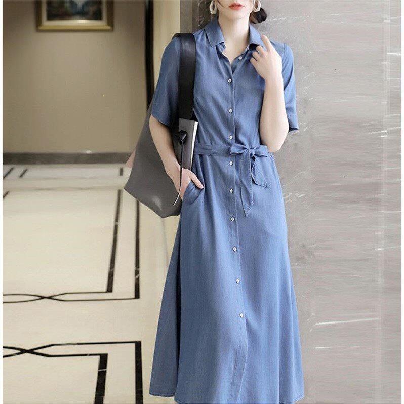 Korean tencel thin Jeans Ocean Dress Woman 2022 Summer New collection Waist Display Slim Fit Style Temperament Large Size Dress Code Long Dress