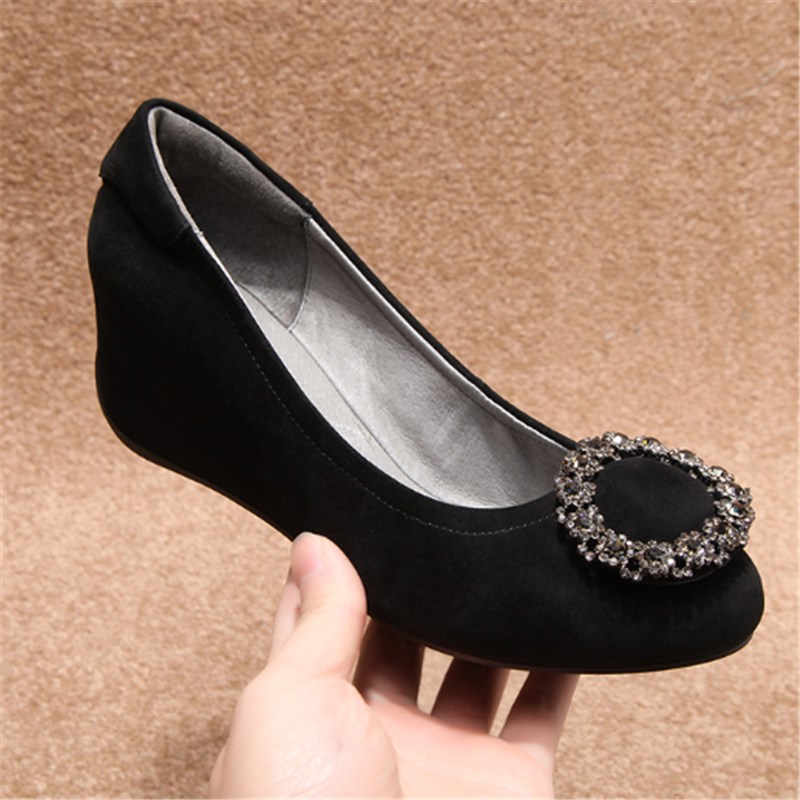 Genuine Leather Wedge Women's Shoes 2026 Autumn and Winter Shallow High Heels with Hidden Height Increase, Rhinestone Suede Leather Single Shoes with Soft Soles