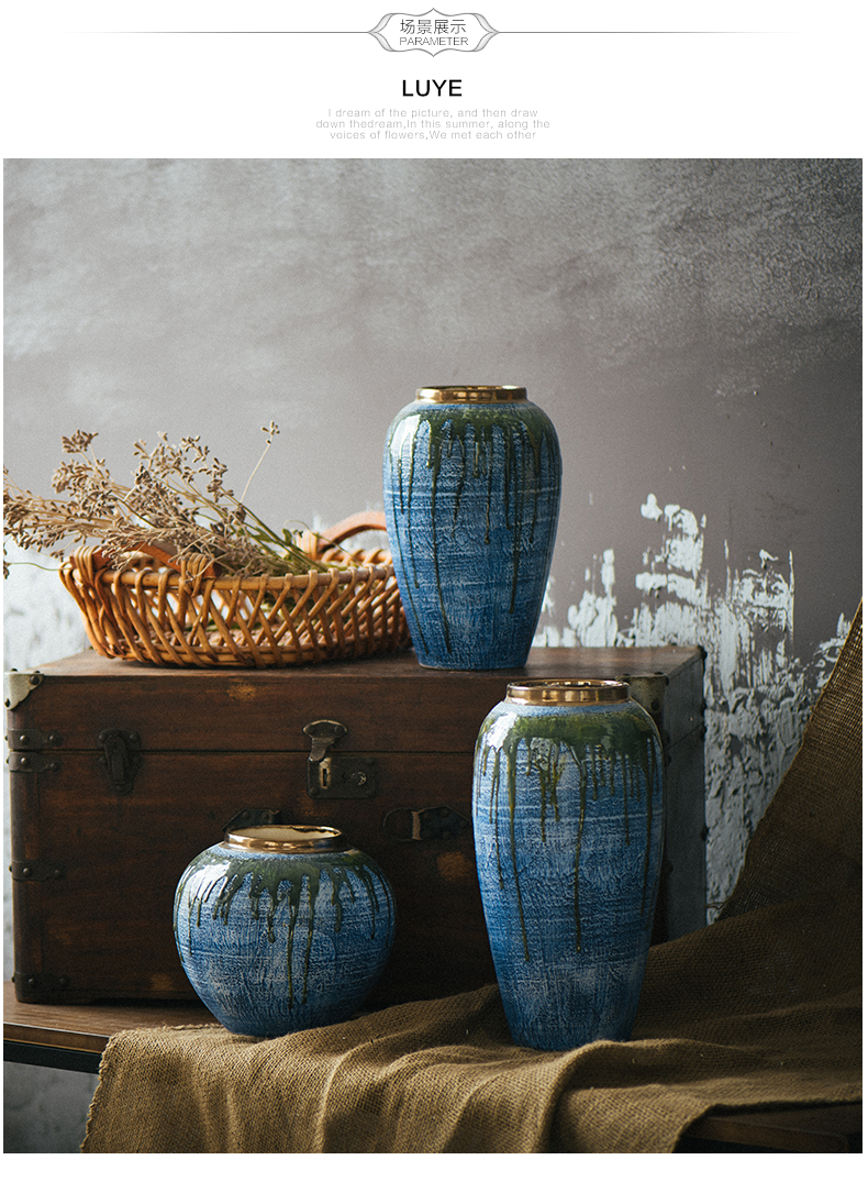 Jingdezhen ceramic dry flower vases, flower arrangement sitting room coarse pottery retro earthenware jar flower art porch is decorated pottery furnishing articles