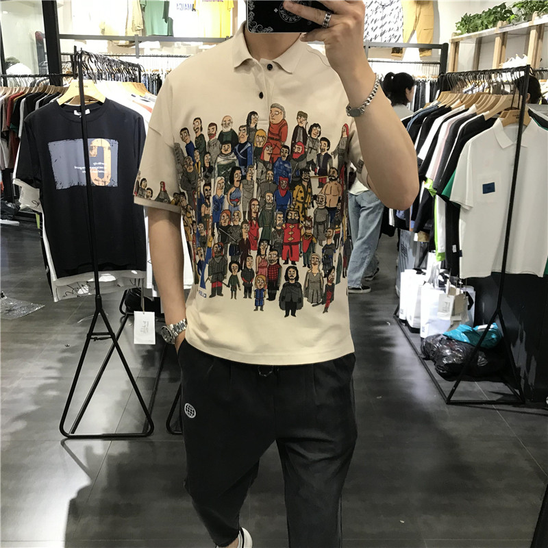 2021 Summer New Characters Graffiti Polo Shirts Men Tide Cards Loot Full Cotton Pins Short Sleeve T-shirt Tide