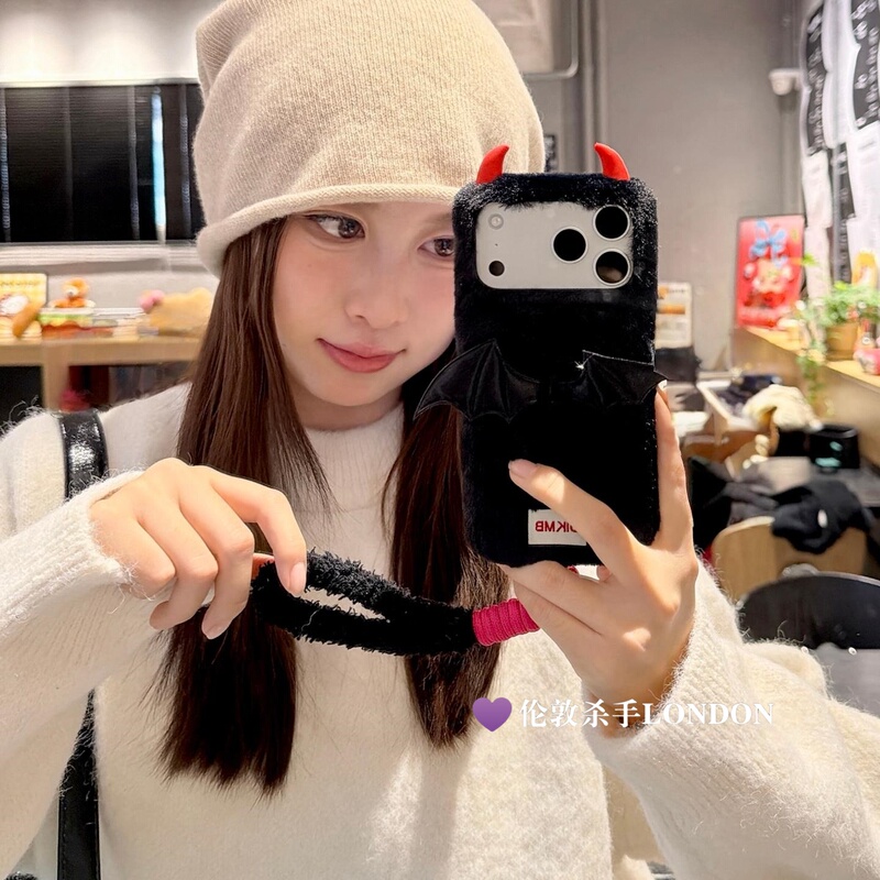 Angel Devil Plush Wings Iphone17Promax Apple 16Promax Phone Case 15Promax Women's Model 13 Lanyard 14Pro Autumn and Winter Anti-Fall Fashion Protective Case