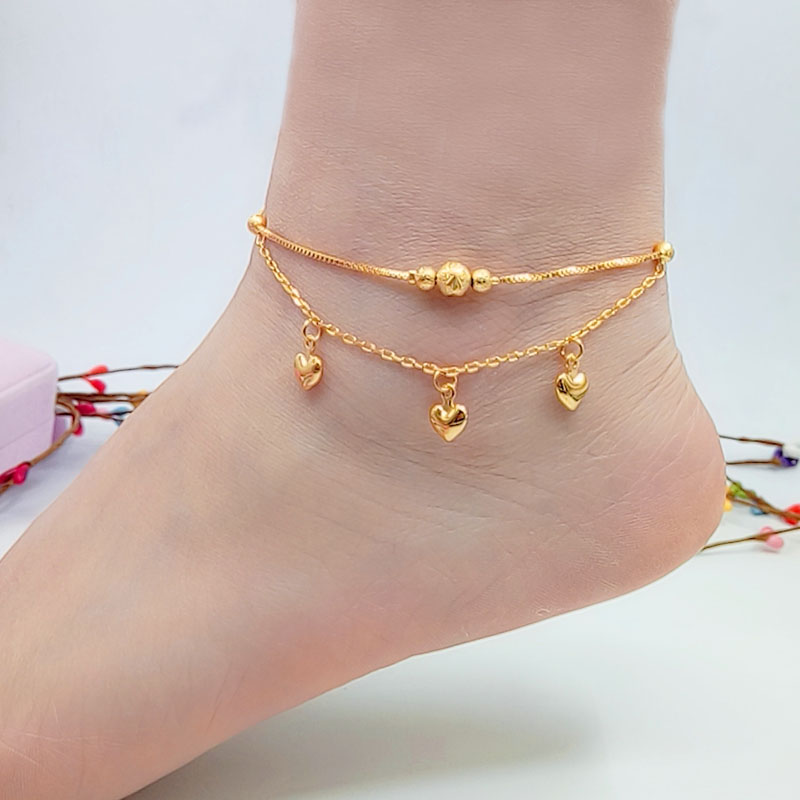 Shajin mới vòng chân nữ tính cách Nhật Bản và Hàn Quốc mạ vàng trái tim đào chuông chuyển hạt vòng chân hai lớp thời gian dài không phai cửa hàng phụ kiện