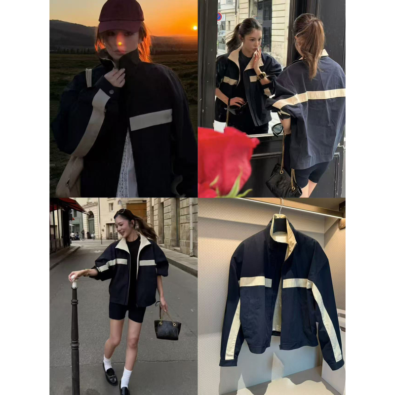 2026 Early Autumn Color-Block Cotton Stylish Canvas Sports Loose Casual Stand Collar Zipper Jacket Cardigan for Women