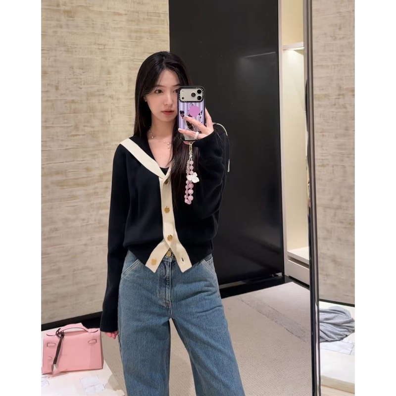 2026 Early Autumn Color-Block Navy Collar Slim Fit Gold Button Single-Breasted Knitted Long-Sleeve Cardigan Jacket for Women