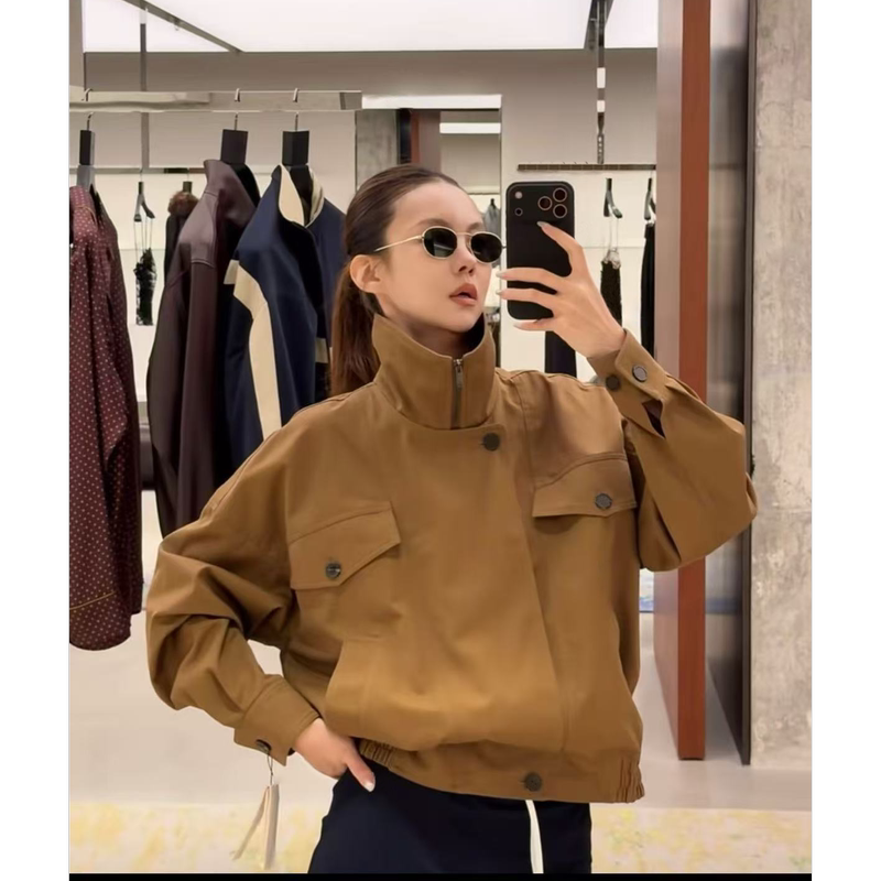 2026 Early Autumn Retro Workwear Casual Design Sports Loose Stand Collar Zipper Jacket Cardigan for Women