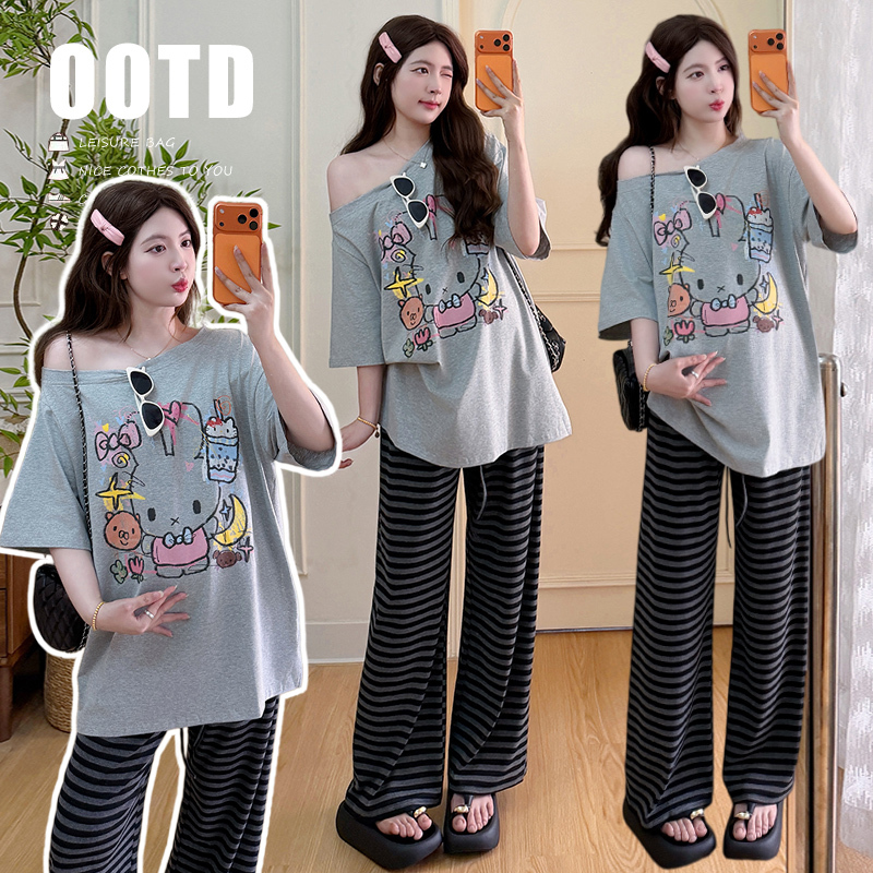 Maternity T-Shirt and Pants Set, Korean Style Cute Cartoon Print, Off-Shoulder Short-Sleeve T-Shirt, Summer Loose and Relaxed Feel