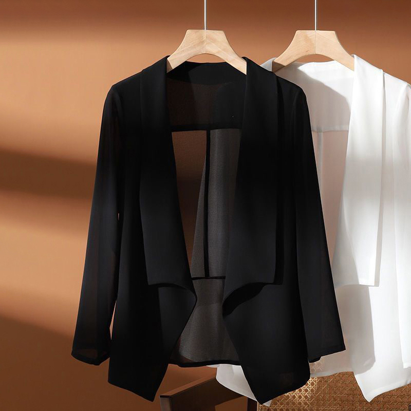 Spring and Summer Black Chiffon Blazer for Women, Plus Size, Three-Quarter Sleeves, Suit Shawl, Camisole, Ultra-Thin Sun Protection Cardigan