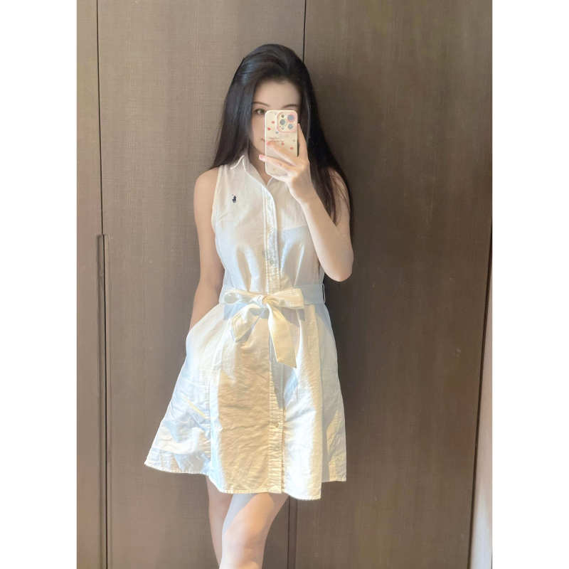 Ralph Lauren/Ralph Lauren Women's Pony Logo Polo Sleeveless Dress White Waist-Cinching Tie A-Line Skirt