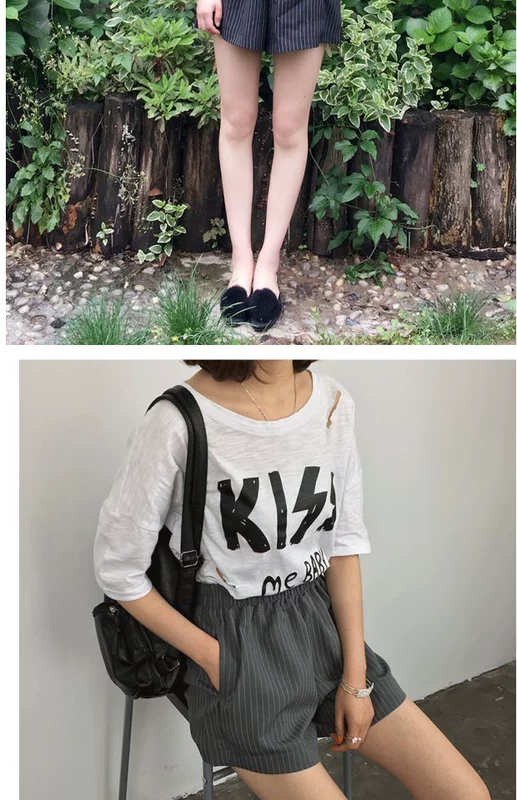 Quần short sọc nữ hè 2016 mới rộng quần ống rộng size rộng đã mỏng eo cao thể thao giản dị quần ống rộng ống nóng