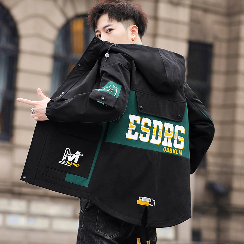 2021 new spring and autumn youth men's trendy tooling fit hooded windbreaker jacket casual fashion solid color jacket