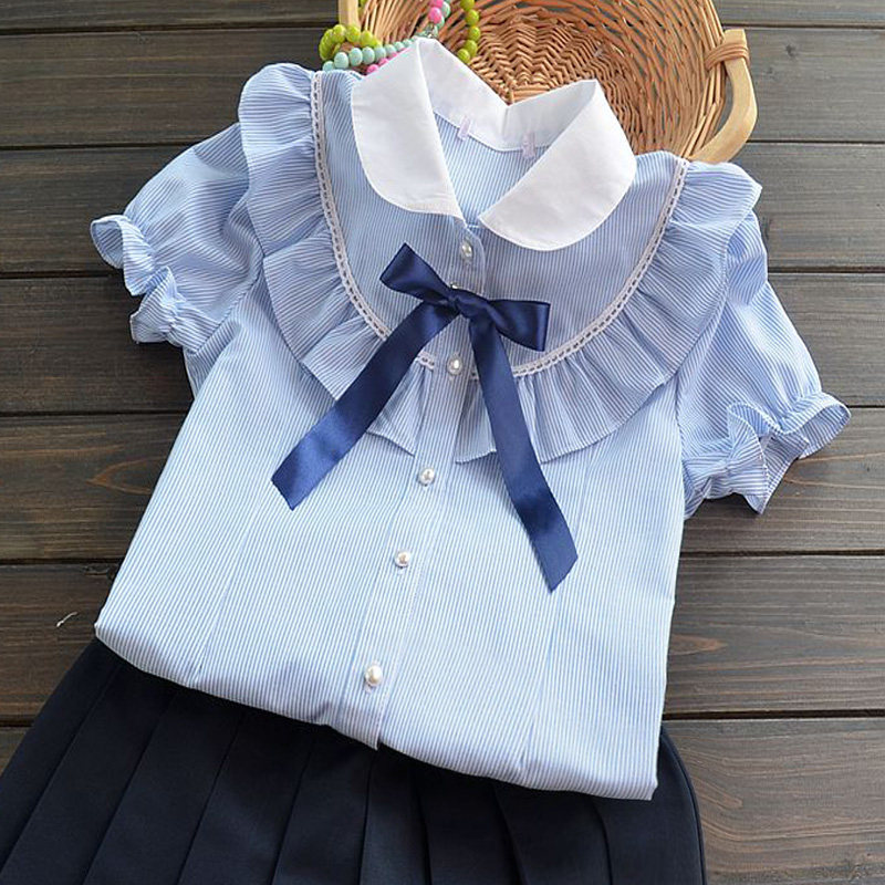 Girl Short Sleeve Shirt Turnover Foreign Pie Children Pure Cotton Suit Shirts Women Blouse Summer Great Boy Academy Wind