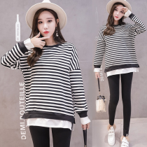 Pregnant women autumn set 2021 fashion new loose size stripes slim long clothes spring and autumn two-piece set