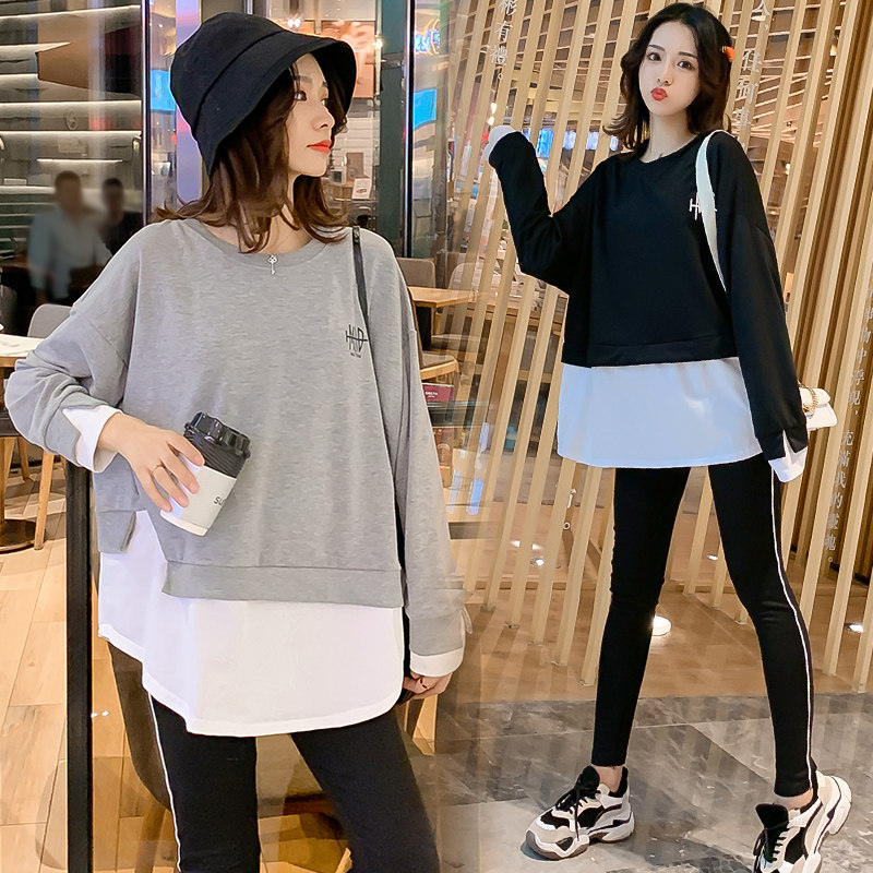 Pregnant woman autumn and winter suit stylish style foreign pie 2021 new loose sweatshirt fake two blouse jeans two sets