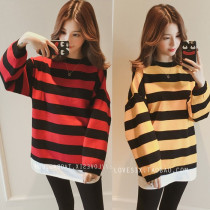 2021 New pregnant women Spring and Autumn suit fashion Korean version of loose stripes sweater tide mom leisure sports two-piece set