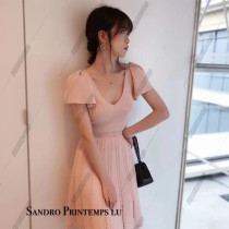 Paris purchase SANDRO 19 spring and summer lotus leaf sleeve with back tied body repair knitting dress R30205E