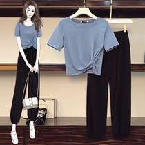 Summer 2022 new plus-size womens clothes fat sister foreign style age-reducing T-shirt casual pants slim and meat-covering two-piece set