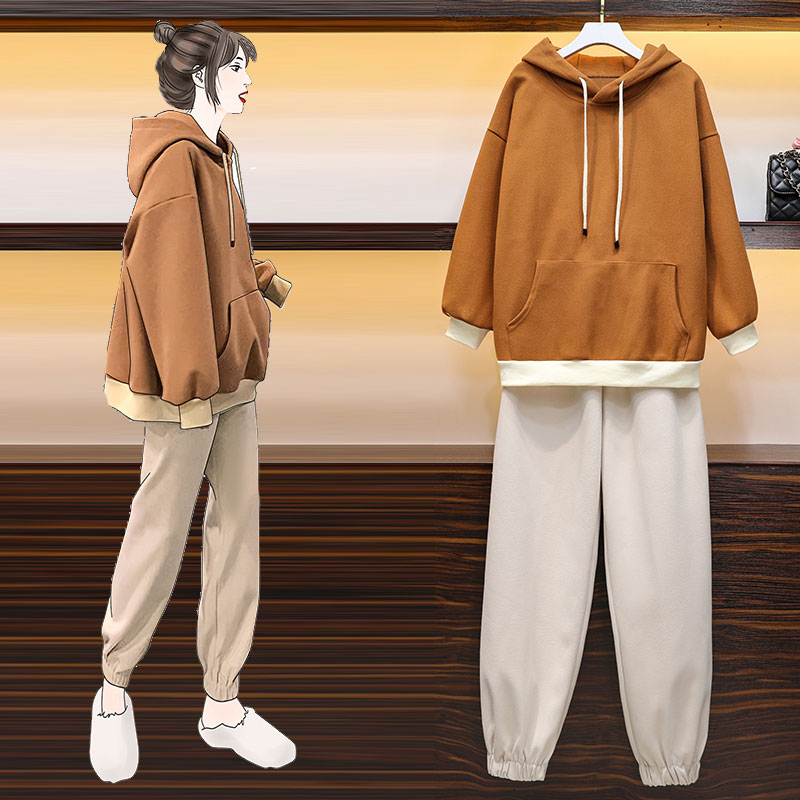 Large size women's 2021 fall/winter new fat sister loose foreign style suit hooded sweatshirt tweed pants two-piece suit