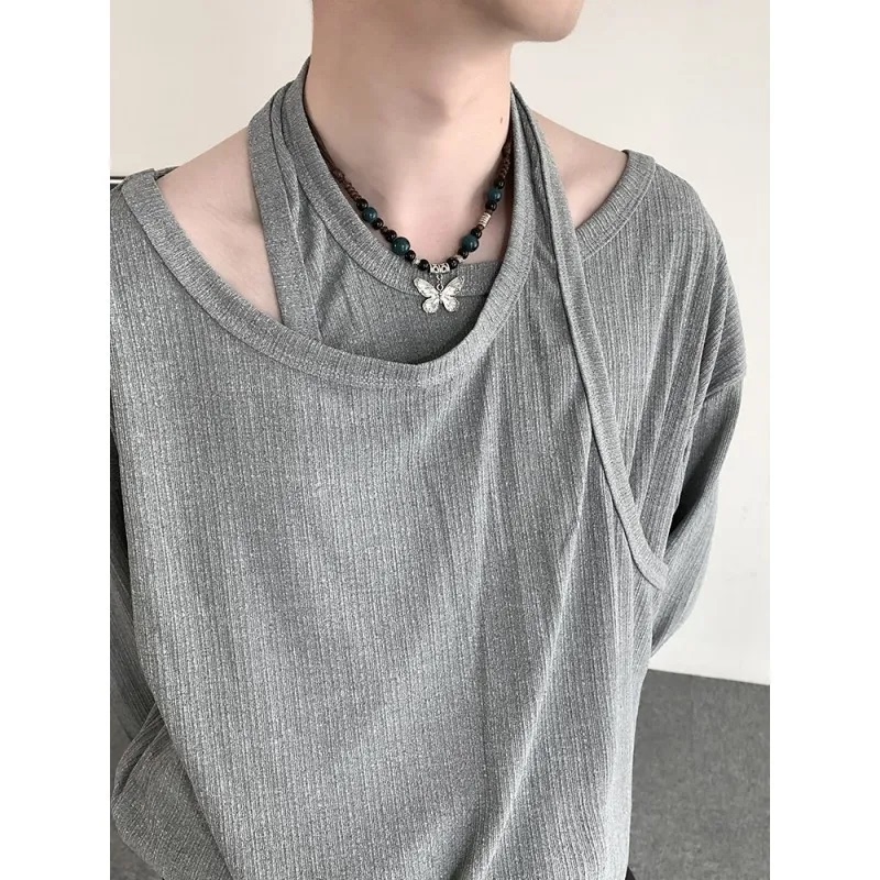 150kg Plus Size Minimalist Fake Two-Piece T-Shirt for Men, Loose Fit, Extra Large, Double-Layer Neck Design, Long Sleeve Base Shirt