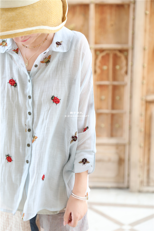 Dora Ladybug Top [Vrisa] Indian Luxury Brand Fully Embroidered Floral Handmade Bee Embroidery Sun Protection Shirt