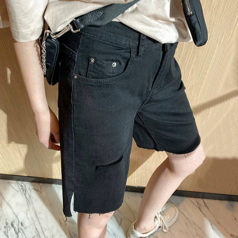 Plus Size Women's Clothing 2026 Summer High-Waisted Side Slit Ripped Denim Shorts for Fat Women, Elastic Slimming Straight-Leg Knee-Length Shorts