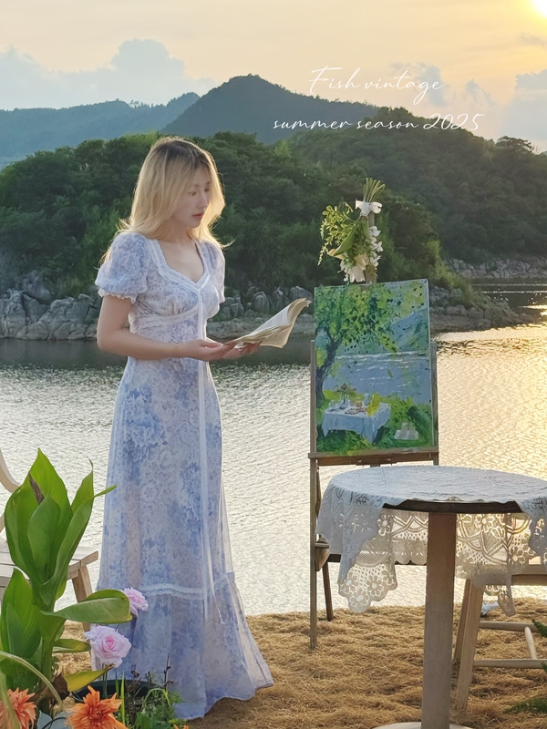 Fish Vintage｜【Wisteria】Retro Imperial Court Style Floral Dress Women's Summer Waist-Slimming Long Dress