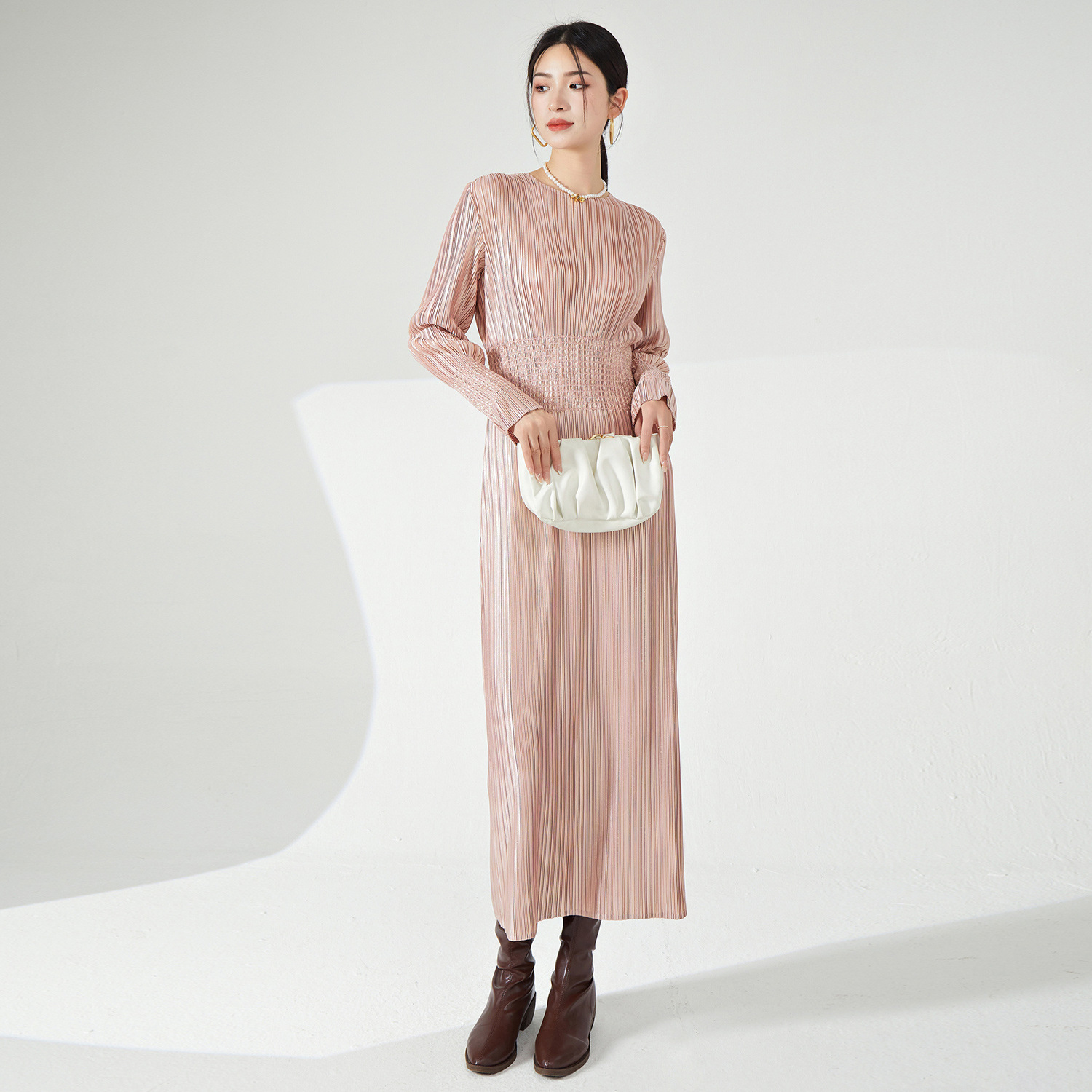 Miyake metallic dress women's 2024 spring new high-end pleated goddess  style waist-cinching bottoming dress long skirt