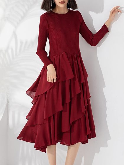 三宅法式优雅大码连衣裙女春秋高级质感褶皱系带收腰显瘦百褶长裙