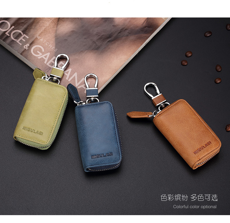 Nicholas nam lớp đầu tiên dây da bò đôi túi chìa khóa xe retro lady DIY ví móc chìa khóa đẹp độc lạ