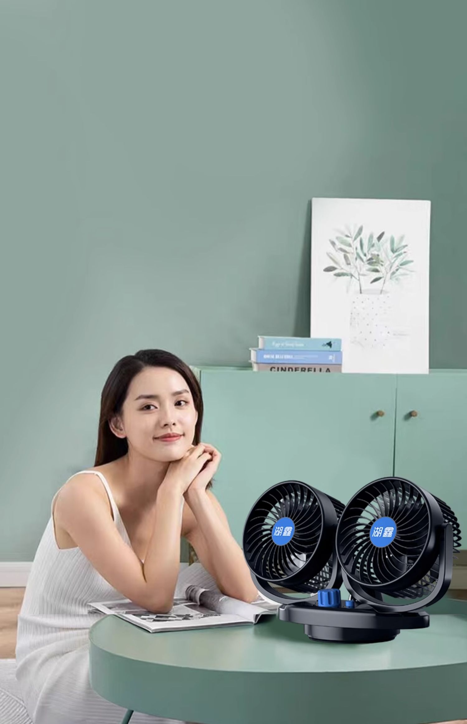 Huxin Car Fan 12V for Large Vehicles 24V In-Car Small Electric Fan with Oscillating Cooling Function, Quiet Dual-Head Car Fan