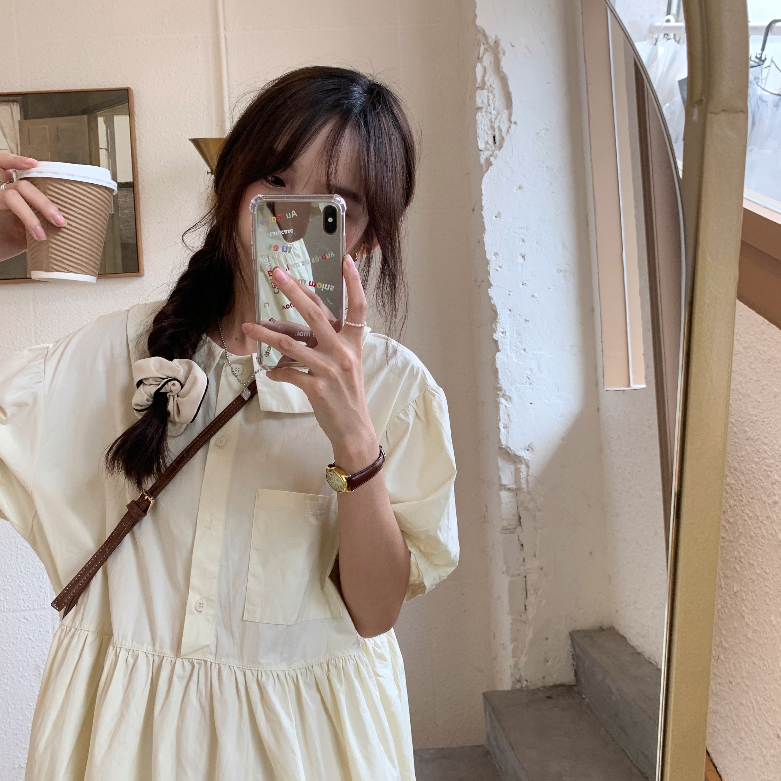 (clearing house special price not to be changed) shirt skirt woman summer dolls collar high waisted foam sleeves Long version of the dress