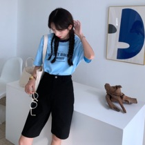 (clear warehouse special price not to be changed) black high waist straight cylinder loose casual pants jeans shorts 50% pants