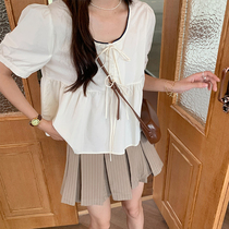 SINGSOONG META GAS CUTE LACE SHIRT WOMAN 2022 Summer new short sleeve round collar 100 Lap Foam Sleeves Shirt