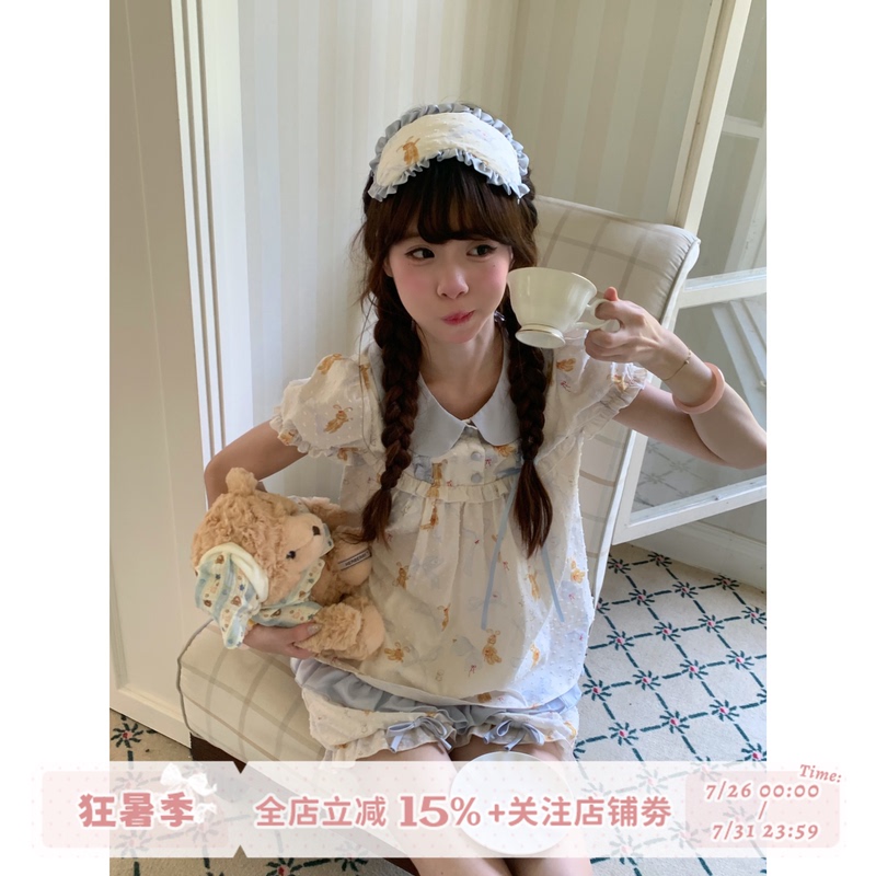 Sleepy Bunny Cute Little Rabbit A-Line Color-Block Doll Collar Shirt with Bowknot and Cuffed Pants Loungewear Set