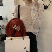 SINGSONG] Spring and Autumn half high collar lace base shirt female mesh with foreign lace long sleeve white top