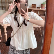 SINGSOONG Sweet Doll Sensory Milk Yellow Short Sleeve Shirt Woman Summer Bubble Cuff Polo Collar Shirt Jacket