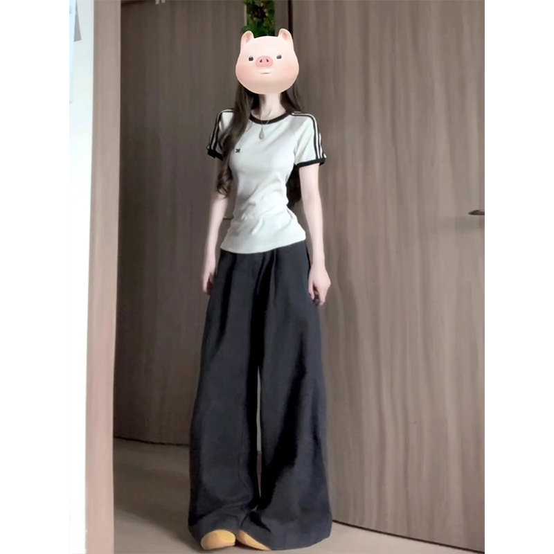 Summer Slim-Fit Casual Sports Suit for Women, White Regular Shoulder Round Neck Short Sleeves, Black Long Pants, Trendy Two-Piece Set