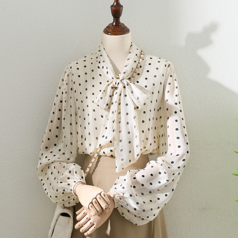 Retro Hong Kong style apricot polka dot blouse for women, early autumn new style, bow ribbon, loose chiffon, elegant top.