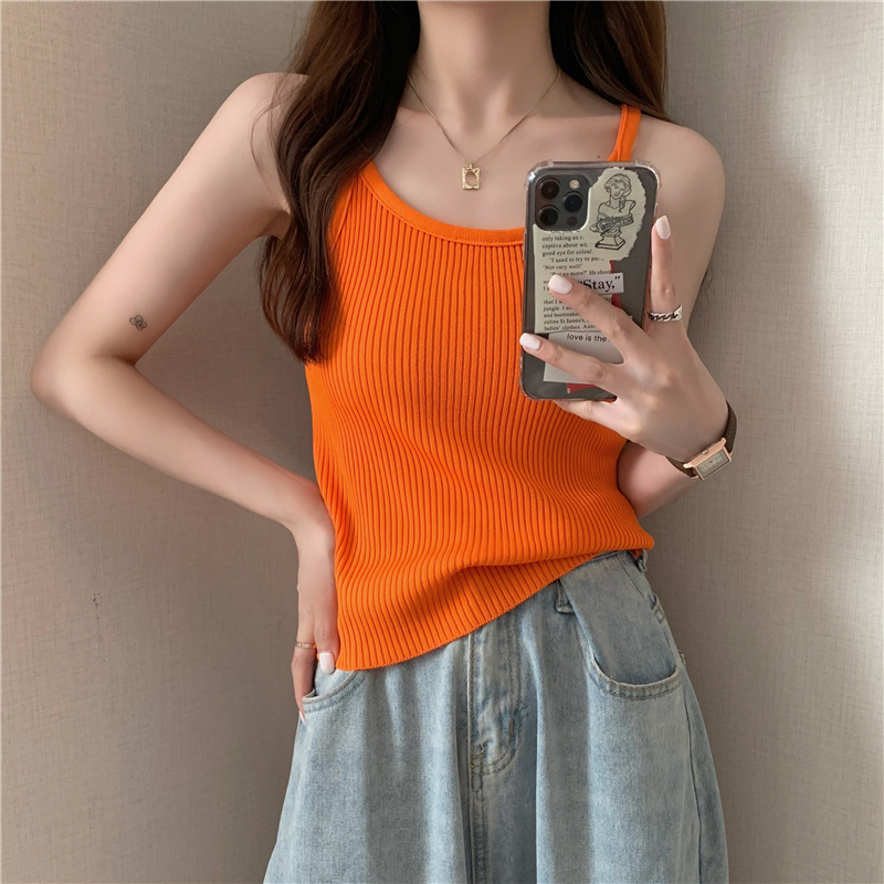 Korean Preppy Style Bright Orange Slim-Fit Tank Top Knit Camisole for Women Summer