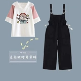 Футболка с коротким рукавом, комбинезон, комплект, летняя одежда, подходит для подростков, 2023, для средней школы, популярно в интернете