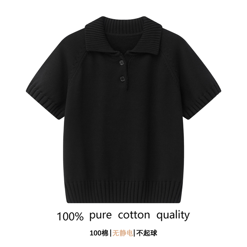100% Pure Cotton Polo Collar Short-Sleeved Knitwear for Women, Black, Elegant, Versatile, Layered, Slimming Sweater