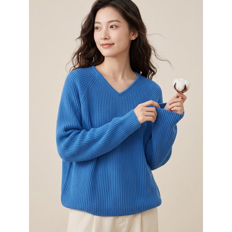 100% Pure Cotton, Comfortable, Soft, Eye-Catching Blue V-Neck Long-Sleeved Knitwear for Women, Loose and Versatile Warm Sweater Top 100% Pure Cotton, Comfortable, Soft, Eye-Catching Blue V-Neck Long-Sleeved Knitwear for Women, Loose and Versatile Warm Sweater Top