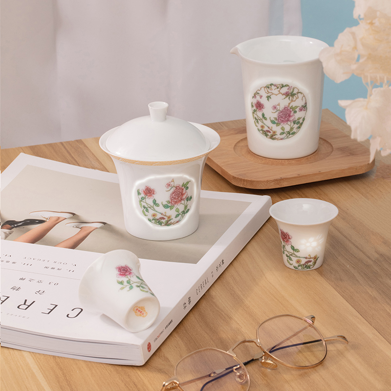 Jade cypress | jingdezhen ceramic tea set a tureen tea set with ceramic filter Mid - Autumn festival white porcelain "happy together"