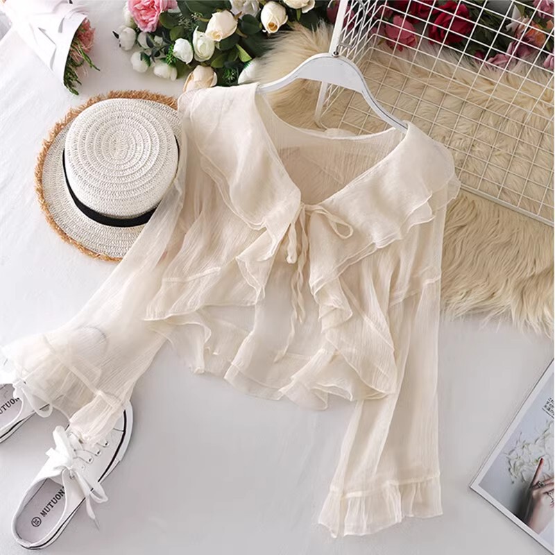 Super Fairy Ruffled Lace-Up Short Sun Protection Shirt Cardigan for Women Summer Bell-Sleeved Shawl with Skirt and Top