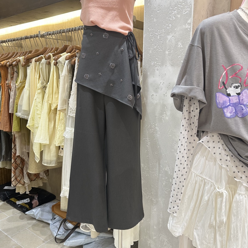 Feimao Korean-Style Drawstring Design Fashionable Casual Wide-Leg Pants for Women with Heavy Beading, Stylish Versatile Long Pants