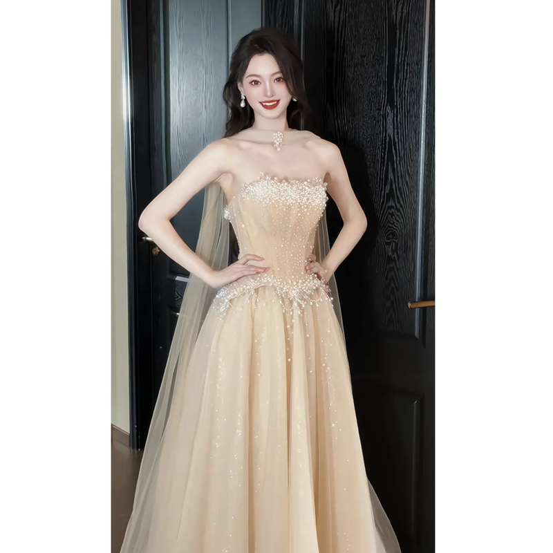 French-Style Champagne-Colored Strapless Evening Gown for Adult Ceremonies, Women's Toast Dress, High-End Luxury Engagement and Birthday Host Dress