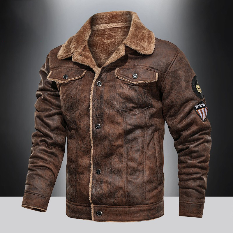 Men's Winter Shearling Leather Jacket with Fur Lining, Lapel Collar, Thickened Cotton Coat, Motorcycle Style Men's Winter Shearling Leather Jacket with Fur Lining, Lapel Collar, Thickened Cotton Coat, Motorcycle Style