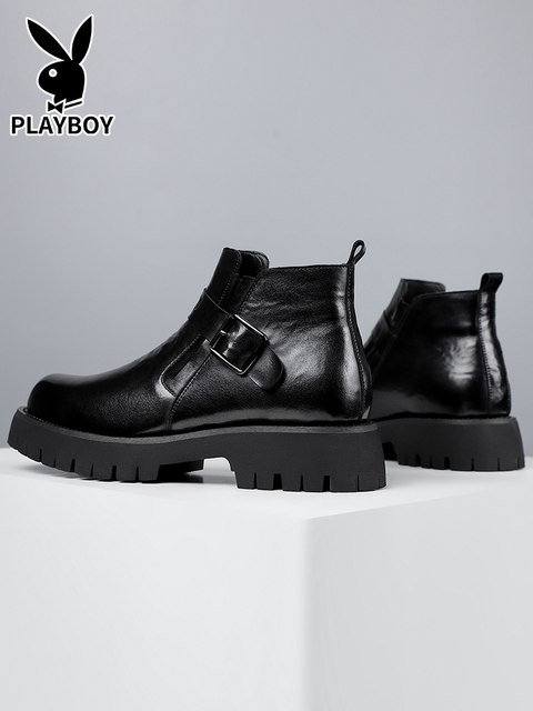 Playboy Martin Boots 2024 New Winter Plus Fleece Leather High Top Trendy Thick Sole Working Chelsea Boots Men