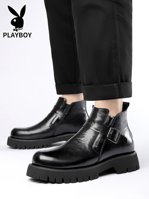 Playboy Martin Boots 2024 New Winter Plus Fleece Leather High Top Trendy Thick Sole Working Chelsea Boots Men