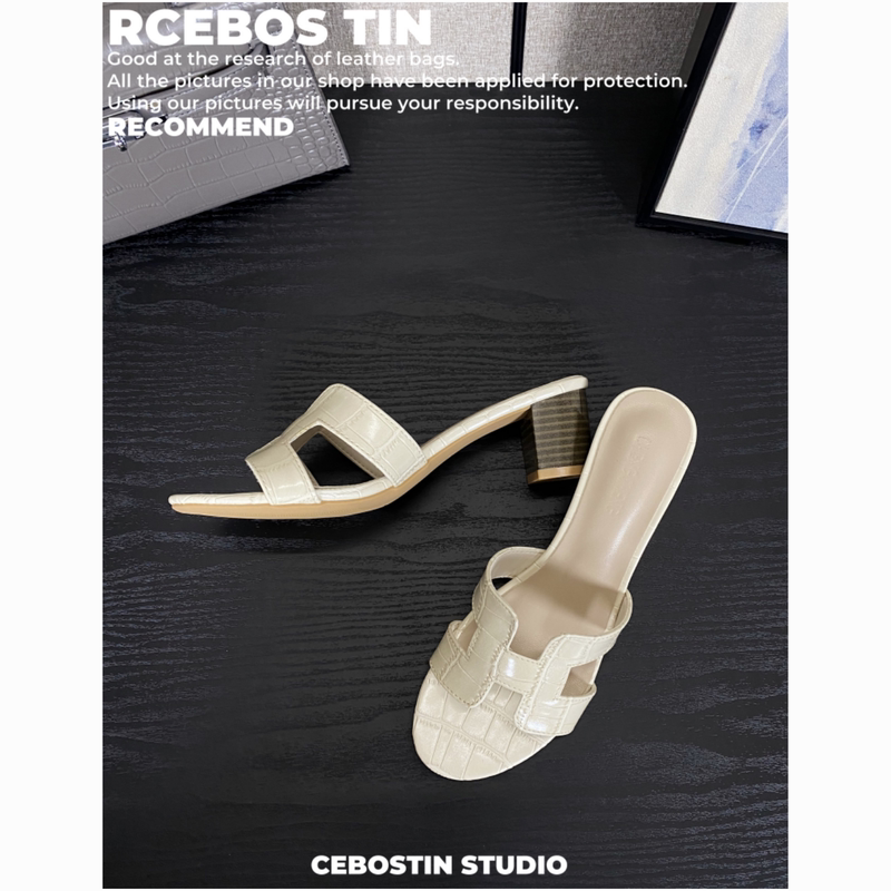 Sheepskin ~ 5cm French-Style Slippers for Women, Summer Outdoor Wear, Chunky Heel, Fashionable Genuine Leather, Mid-Heel, High-Heeled Sandals, Beach Flip-Flops
