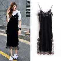 French New 2021 Eyelash Lace Long Velvet V-Collar Side Open Blocking Strap Dress Women